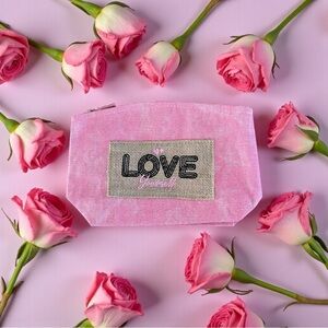 NEW Pink Love Yourself Embroidered Heart Cursive 9.5” Burlap Makeup Cosmetic Bag